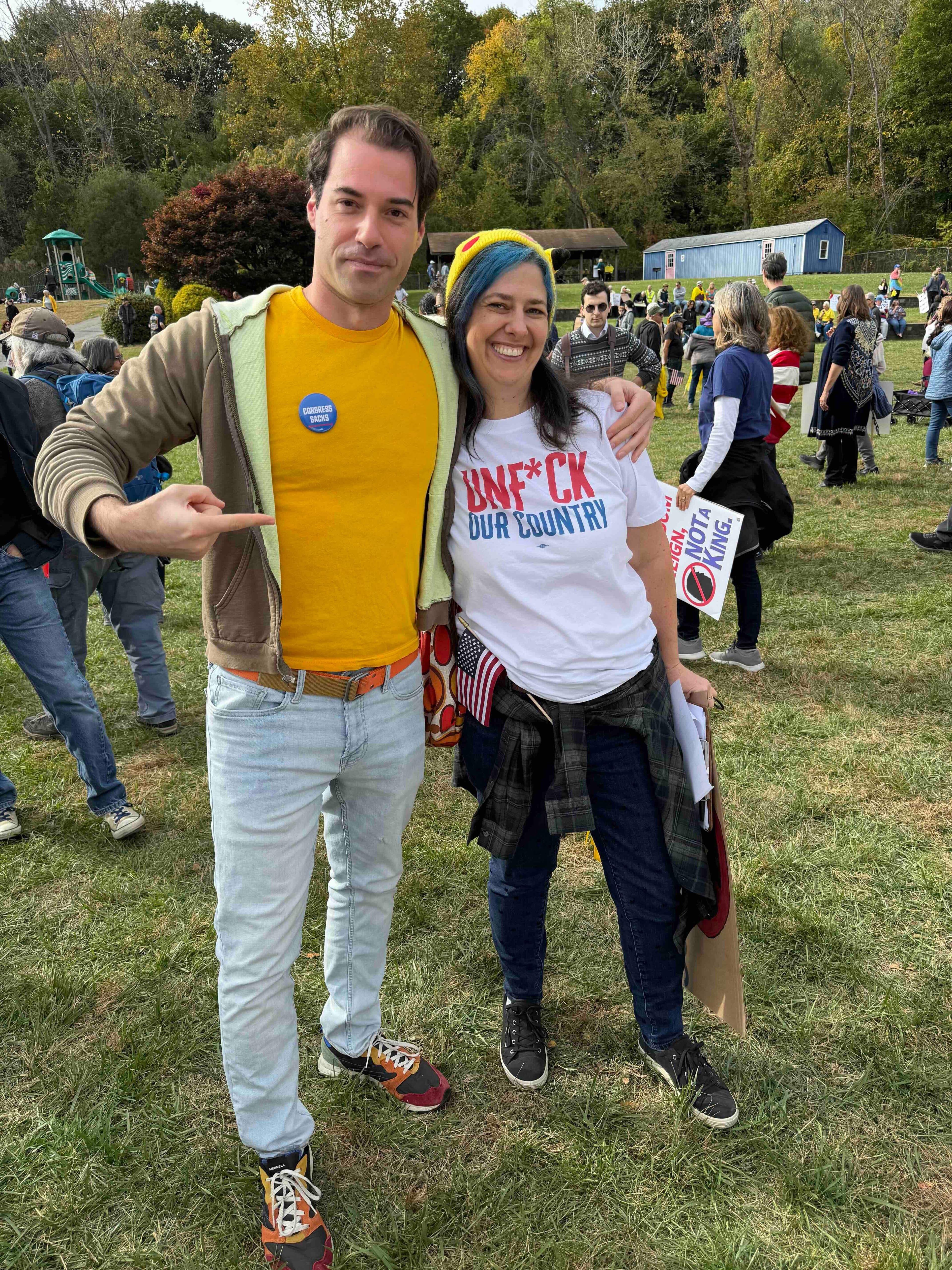Mike Sacks with grassroots supporter at outdoor rally in NY-17 district showing community engagement