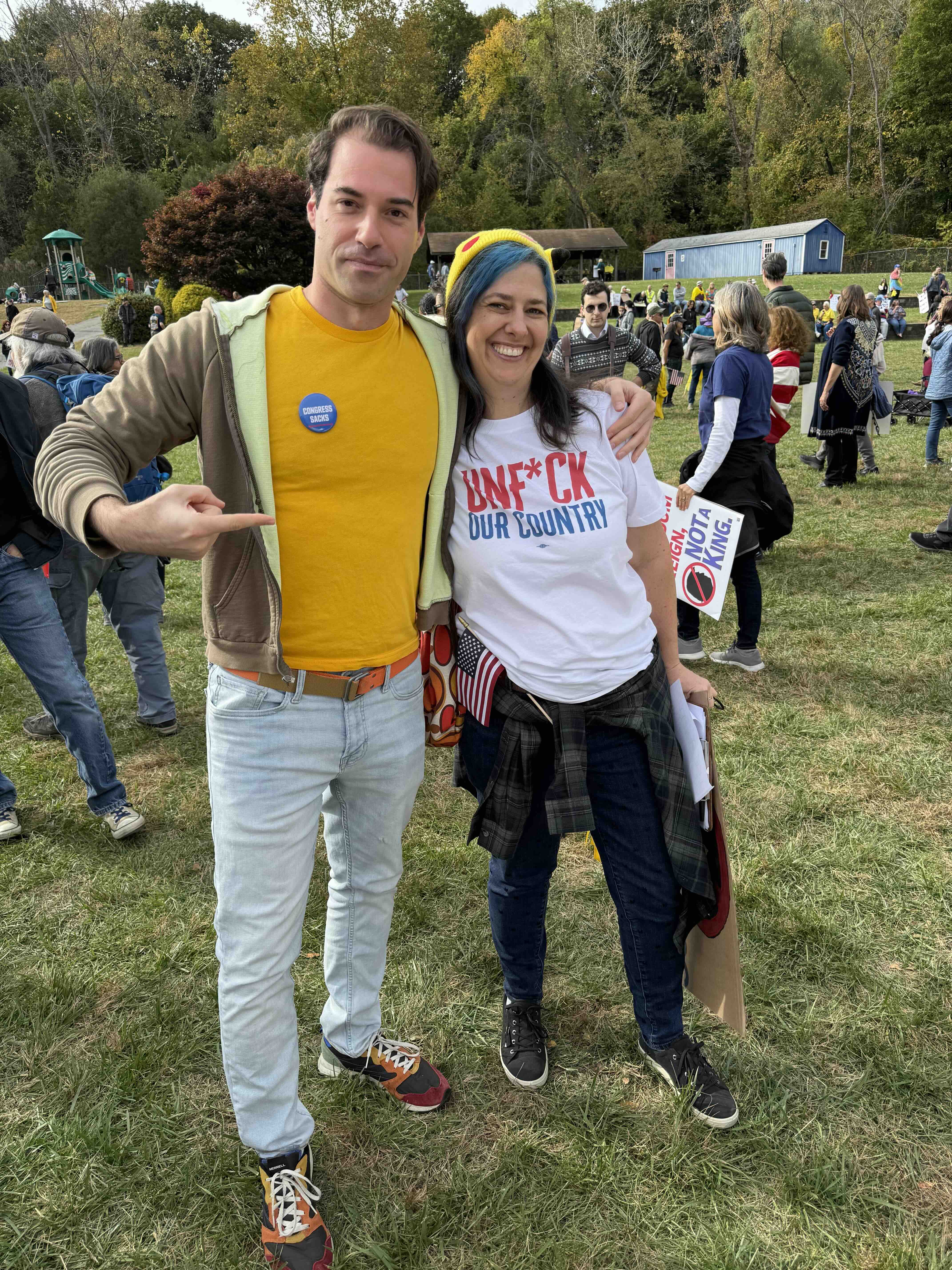 Mike Sacks with grassroots supporter at outdoor rally in NY-17 district showing community engagement